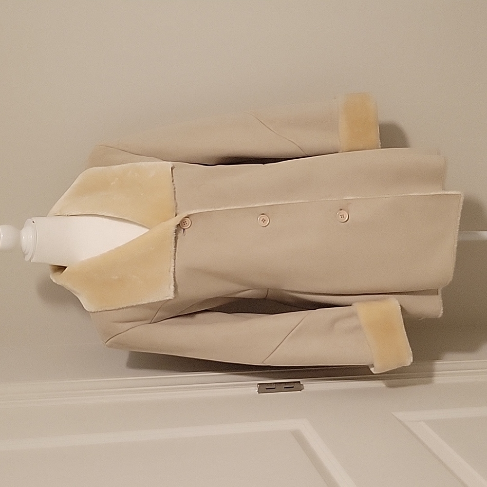Camel soft Suede coat with faux fur trim